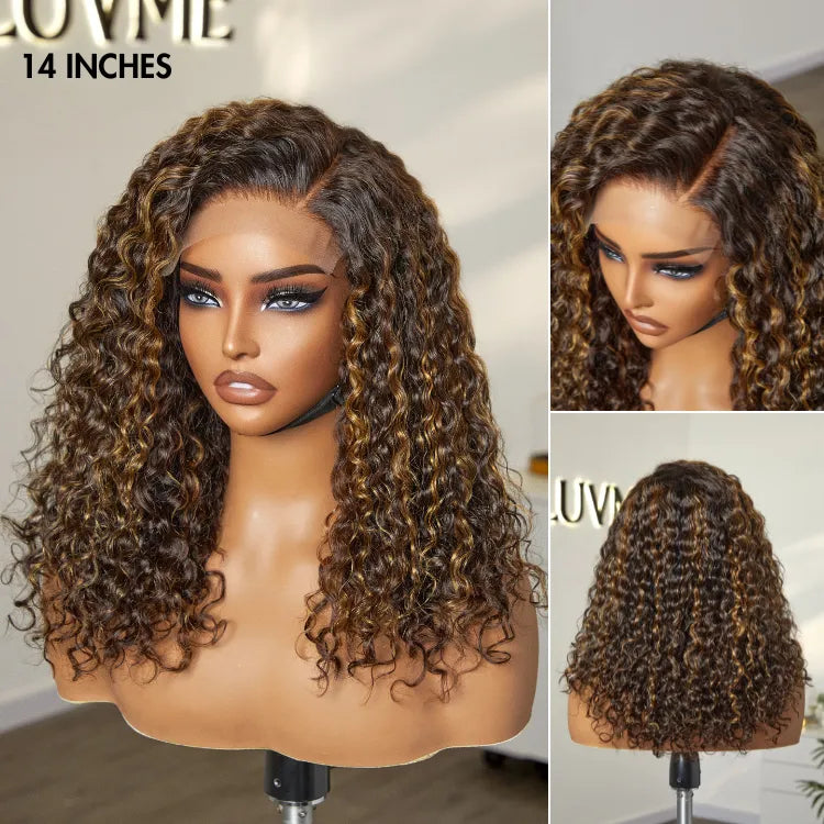 Brown Highlights Funmi Curly Glueless 5x5 Closure Lace Long Curly Wig Beginner Friendly- US Only