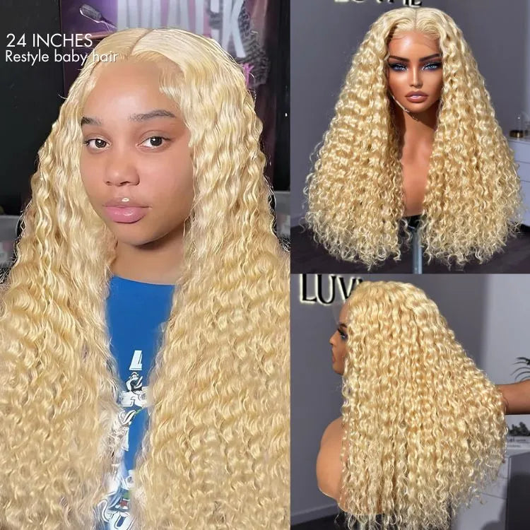 Golden Blonde 613 Water Wave Glueless 5x5 Closure Invisible HD Lace Long Blonde Curly Wig 100% Human Hair Secondary image