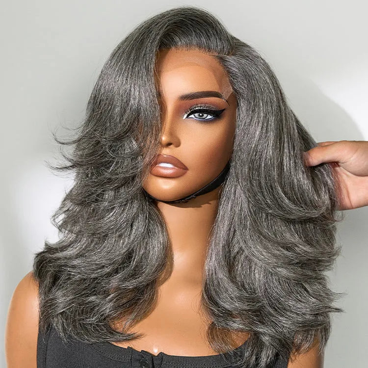 Layered Blowout Salt and Pepper Glueless Grey Wig Minimalist HD Lace Shoulder Length Wavy Wig