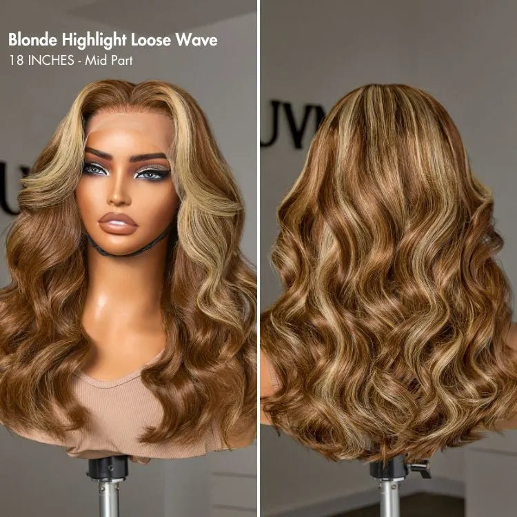 Honey Blonde Highlight Middle Part Bouncy Loose Wave Glueless 13x4 Frontal Lace Human Hair Wig Secondary image