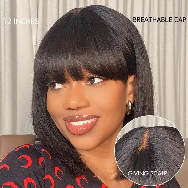Put On and Go Ash Blonde Highlight / Brown Highlight / Natural Black Layered Cut Yaki Straight Minimalist Lace Bob Wig
