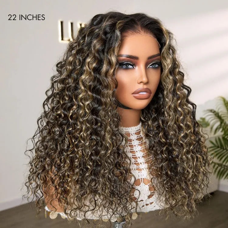 AiryFit™ Scalp Care Wigs - Blonde Highlight Water Wave Snugfit Glueless 5x5 Closure Lace Long Curly Wig Pre-Cut Lace - US Only