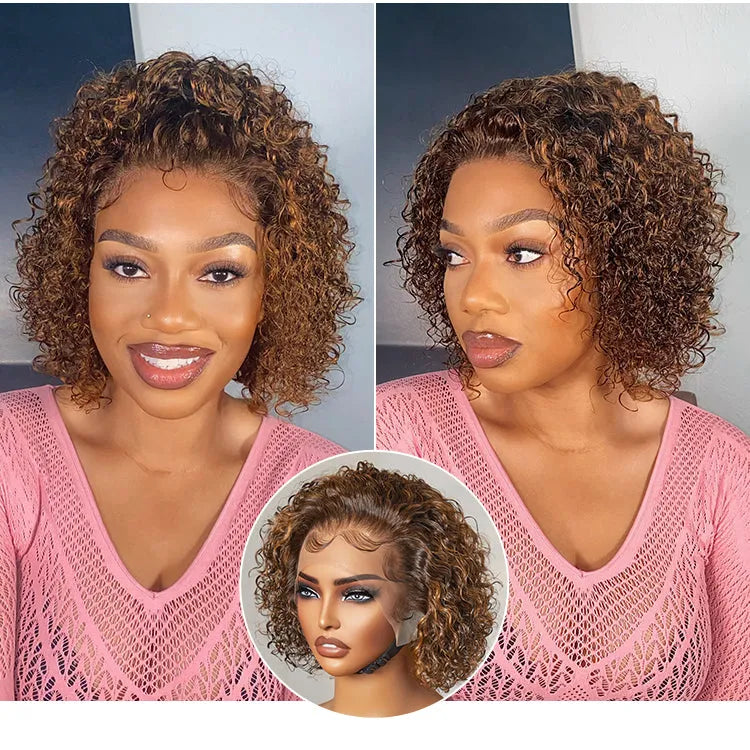 Brown Highlight / Jet Black Short Cut Slicked Back Curly Ear-to-ear Wide T Lace Wig Main image