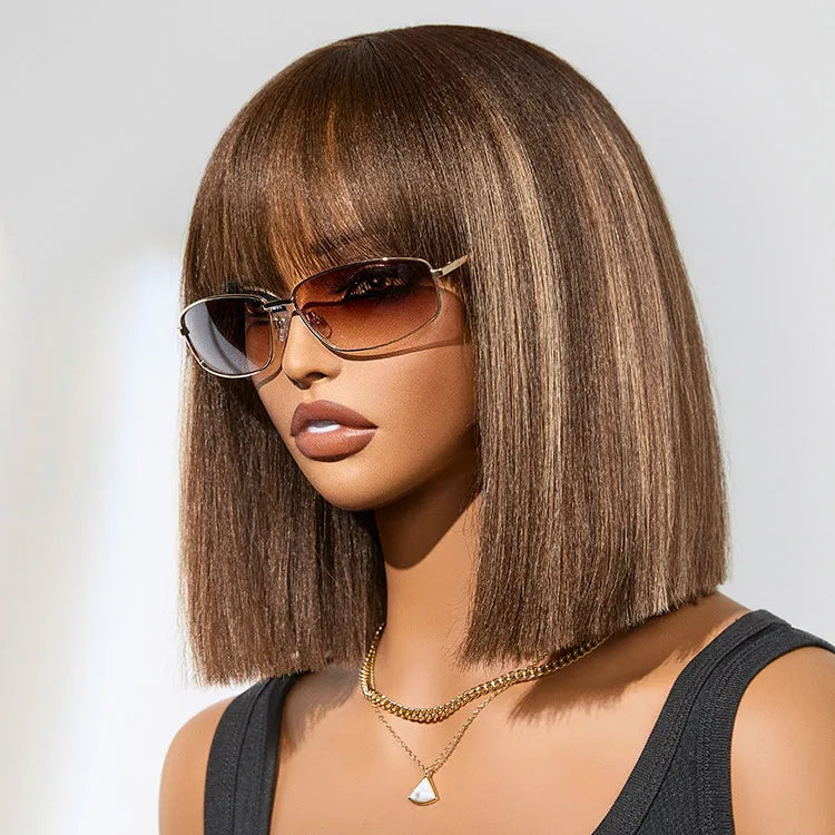 Ash Blonde Highlights with Dark Brown Base Yaki Blunt Cut Bob Wig with Bangs Glueless Minimalist Lace Short Wig Main image
