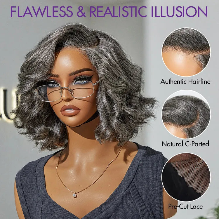Elegant Salt & Pepper Grey Wig Loose Body Wave Glueless Minimalist Lace Short Wig Pre-Cut Lace