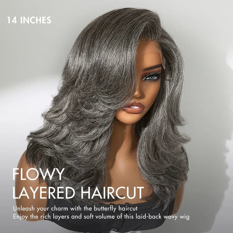 Layered Blowout Salt and Pepper Glueless Grey Wig Minimalist HD Lace Shoulder Length Wavy Wig