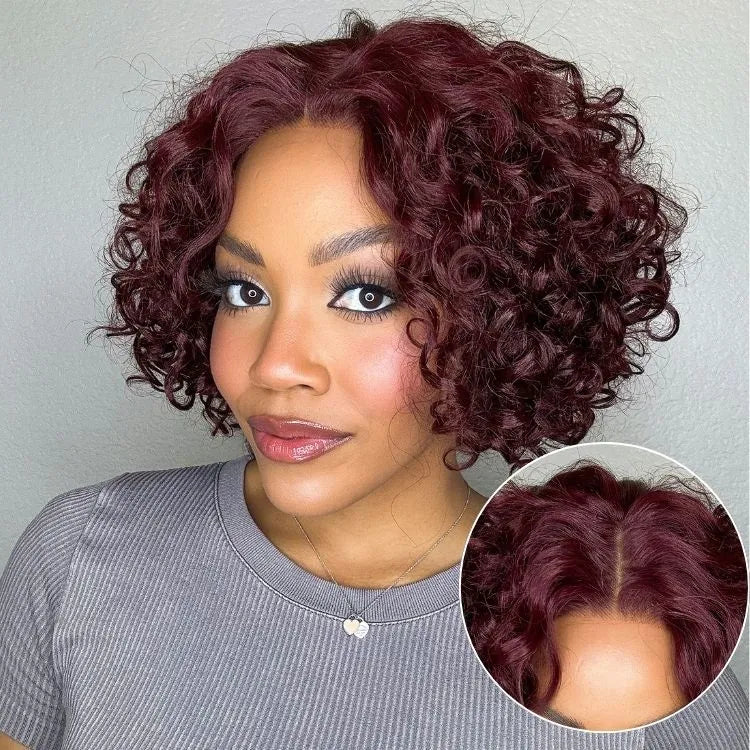 Trendy Burgundy Curly Bob Glueless Minimalist HD Lace T Part 99J Hair Color Wig 100% Human Hair  - US Only Secondary image