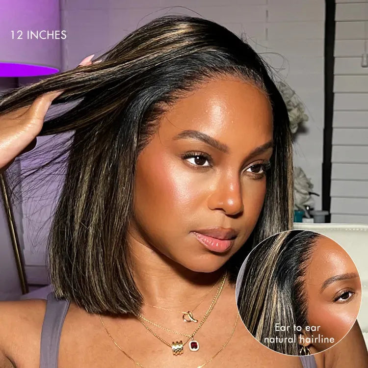 PreMax Wigs - Natural Black / Blonde Highlight C Part Glueless Lace Front Bob Wig Pre-cut Lace
