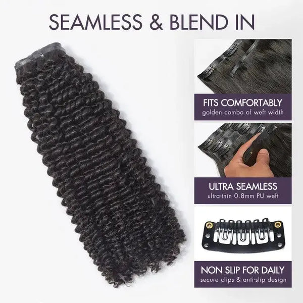 New Customers Only | Kinky Curly Seamless Clip in Extensions Human Hair with Free Gift