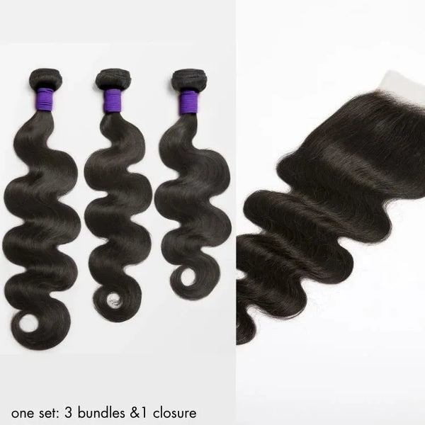 Upgraded Brazilian Hair Body Wave 3 Bundles with 5x5 HD Lace Closure