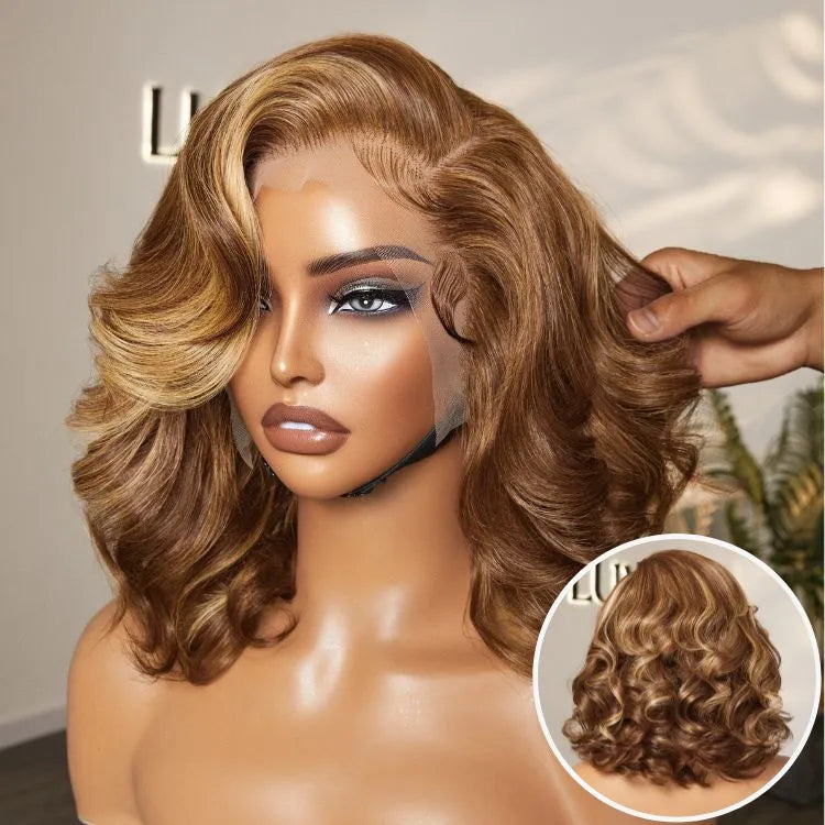 PreMax Wigs - Honey Brown with Blonde Highlights / Natural Black Bouncy Body Wave Glueless 13x4 Frontal Lace Human Hair Wig Secondary image