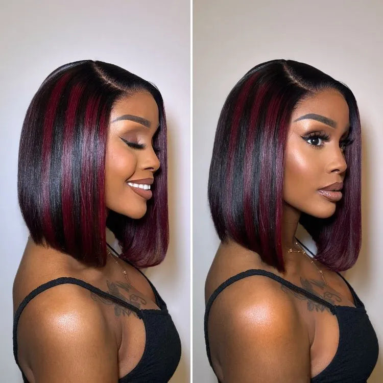 Dark Red Highlights Silky Blunt Cut C Part Glueless Minimalist HD Lace Bob Wig Beginner Friendly - US Only Main image