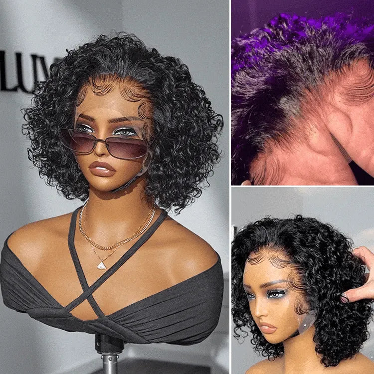 Brown Highlight / Jet Black Short Cut Slicked Back Curly Ear-to-ear Wide T Lace Wig
