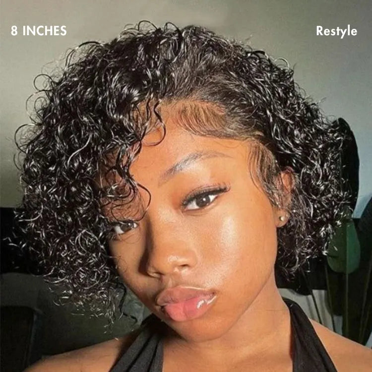 Brown Highlight / Jet Black Short Cut Slicked Back Curly Ear-to-ear Wide T Lace Wig
