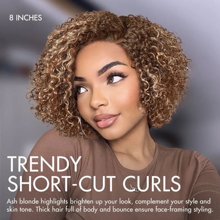 Beginner Friendly Ash Blonde Highlight Short Kinky Curly Wig Minimalist HD Lace Wig Pre-Cut Lace - US Only Secondary image