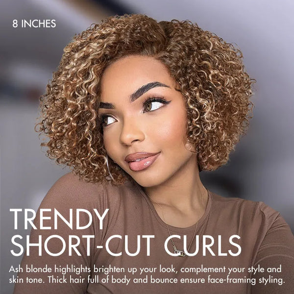 Beginner Friendly Ash Blonde Highlight Short Kinky Curly Wig Minimalist HD Lace Wig Pre-Cut Lace - US Only