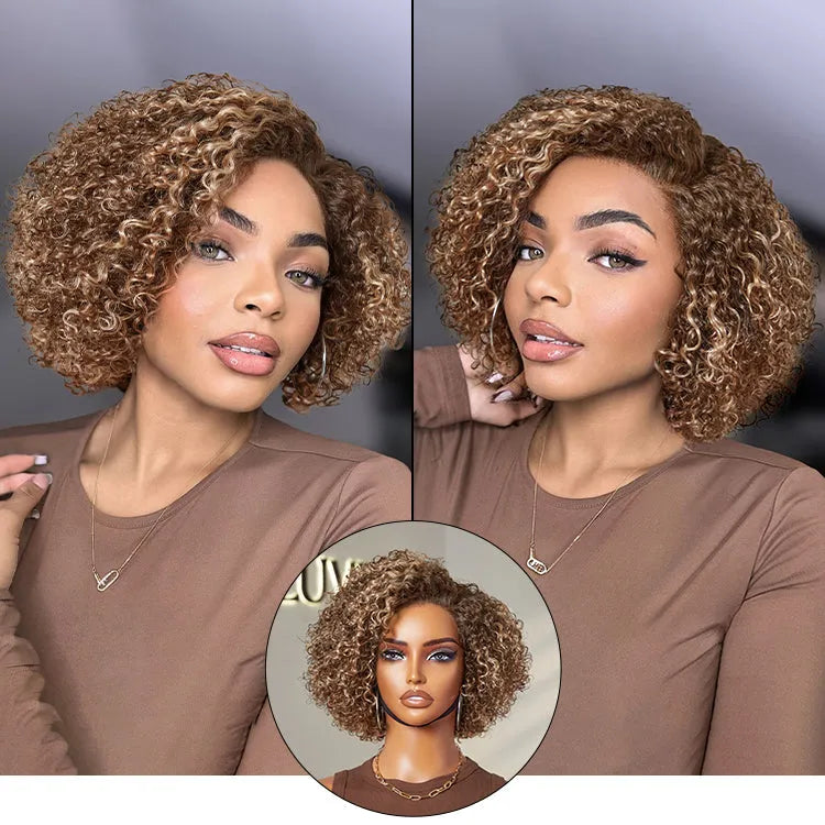 Beginner Friendly Ash Blonde Highlight Short Kinky Curly Wig Minimalist HD Lace Wig Pre-Cut Lace - US Only Main image