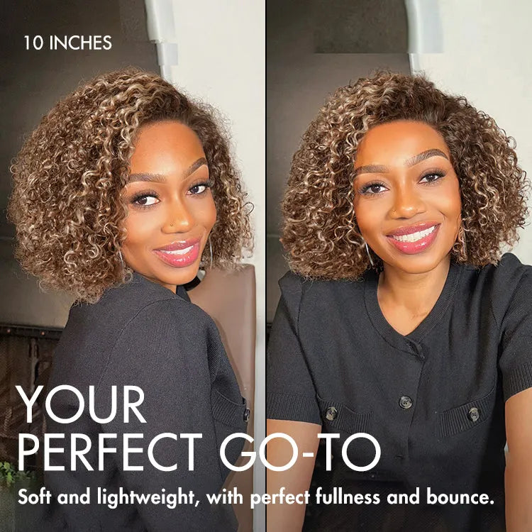 Beginner Friendly Ash Blonde Highlight Short Kinky Curly Wig Minimalist HD Lace Wig Pre-Cut Lace - US Only