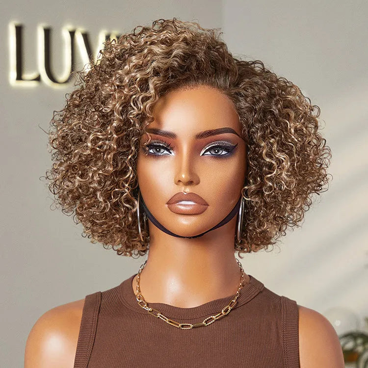 Beginner Friendly Ash Blonde Highlight Short Kinky Curly Wig Minimalist HD Lace Wig Pre-Cut Lace - US Only