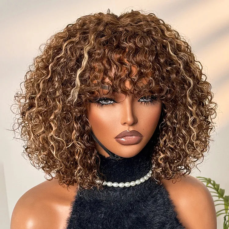 Beginner Friendly Ash Blonde Highlights Water Wave True Scalp Minimalist Lace Glueless Curly Wig with Bangs Main image