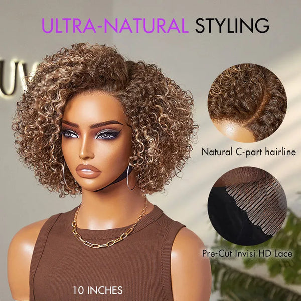 Beginner Friendly Ash Blonde Highlight Short Kinky Curly Wig Minimalist HD Lace Wig Pre-Cut Lace - US Only