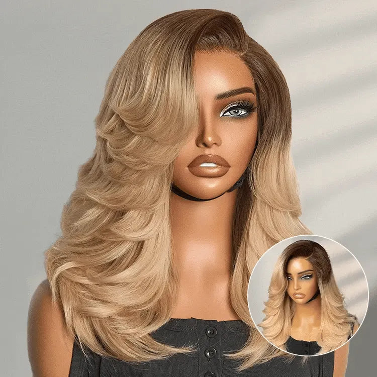 Ombre Blonde Blow Out Layered Cut Wavy Glueless HD Minimalist Lace Wig Main image