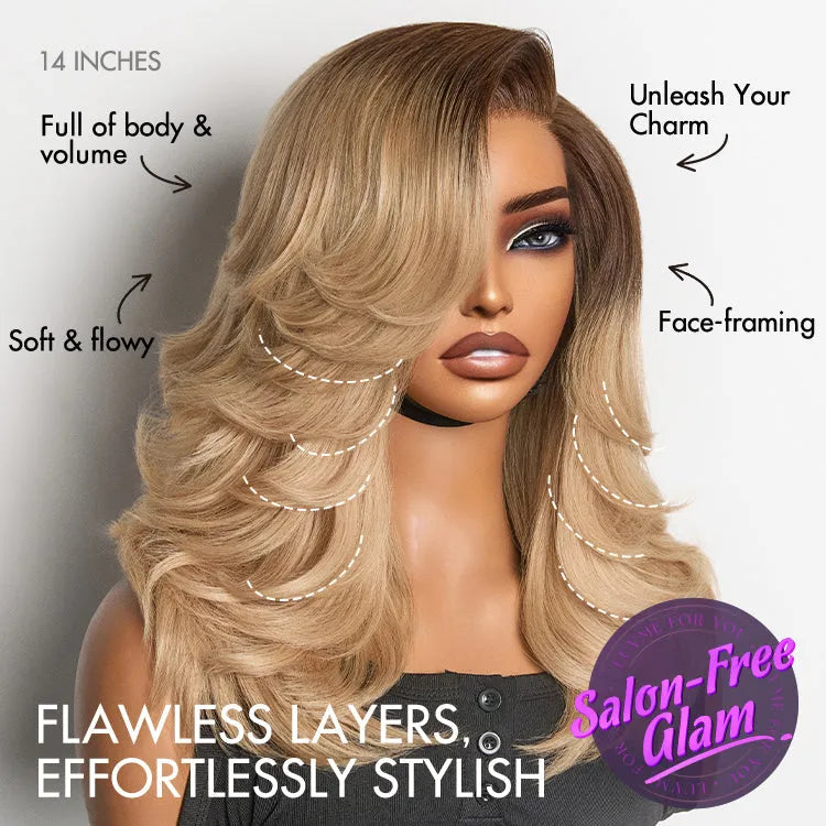 Ombre Blonde Blow Out Layered Cut Wavy Glueless HD Minimalist Lace Wig Secondary image