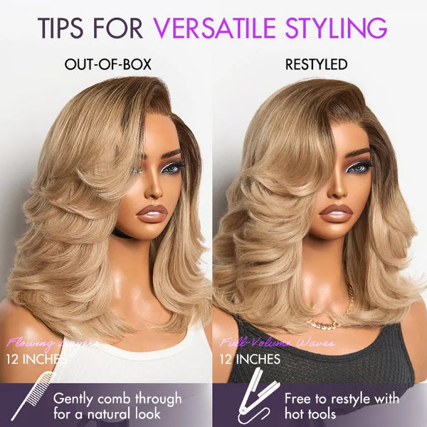 Ombre Blonde Blow Out Layered Cut Wavy Glueless HD Minimalist Lace Wig