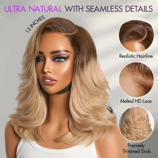 Ombre Blonde Blow Out Layered Cut Wavy Glueless HD Minimalist Lace Wig