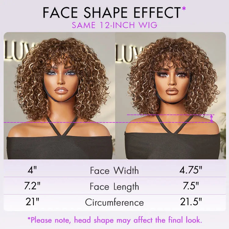 Beginner Friendly Ash Blonde Highlights Water Wave True Scalp Minimalist Lace Glueless Curly Wig with Bangs