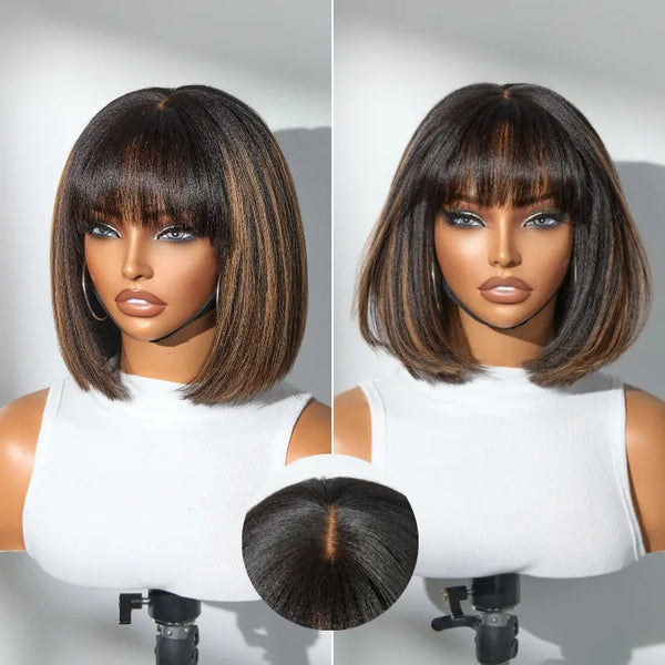Put On and Go Brown Highlight Yaki Bob with Bangs Glueless Minimalist Lace Wig Breathable Cap