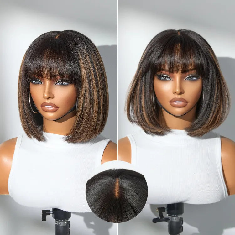 Put On and Go Brown Highlight Yaki Bob with Bangs Glueless Minimalist Lace Wig Breathable Cap Main image