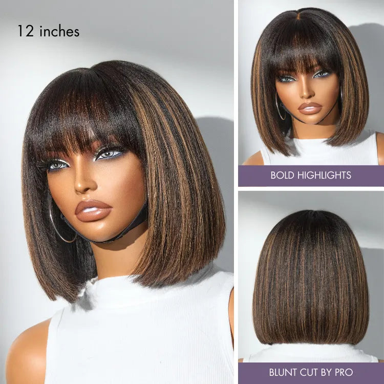 Put On and Go Brown Highlight Yaki Bob with Bangs Glueless Minimalist Lace Wig Breathable Cap Secondary image