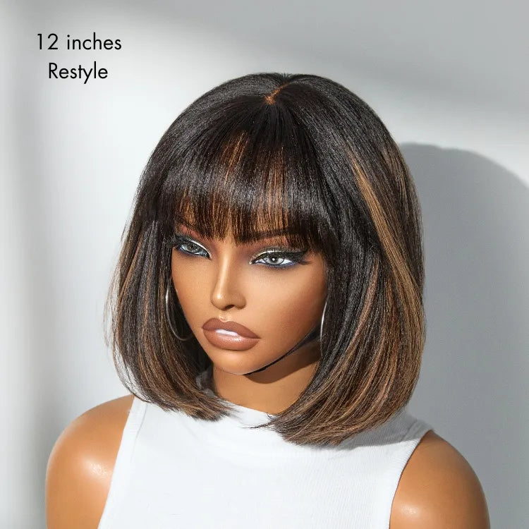 Put On and Go Brown Highlight Yaki Bob with Bangs Glueless Minimalist Lace Wig Breathable Cap