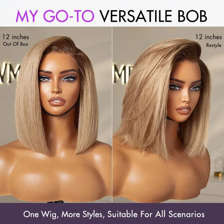 Ash Blonde Ombre Blunt Cut Bob Glueless Minimalist HD Lace Short Bob Wig Ready to Go Pre-Cut Lace