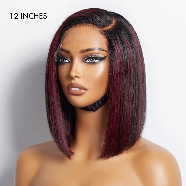 Dark Red Highlights Silky Blunt Cut C Part Glueless Minimalist HD Lace Bob Wig Beginner Friendly - US Only