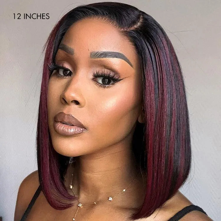 Dark Red Highlights Silky Blunt Cut C Part Glueless Minimalist HD Lace Bob Wig Beginner Friendly - US Only Secondary image