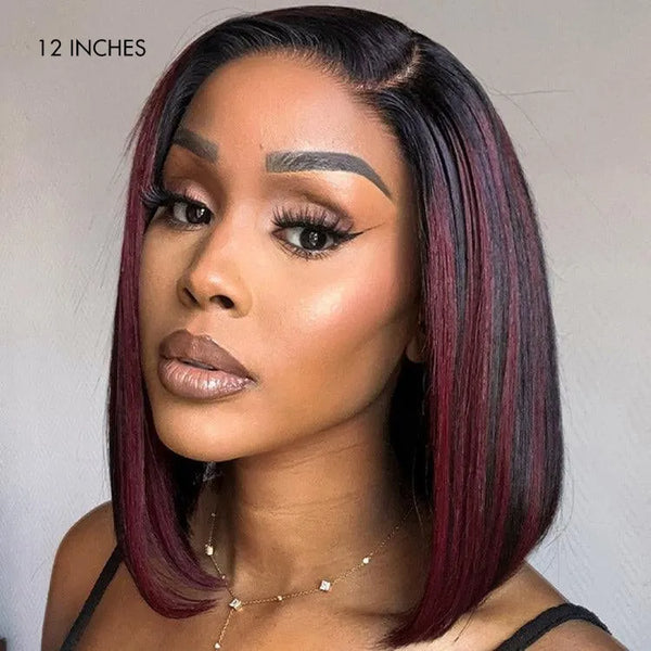 Dark Red Highlights Silky Blunt Cut C Part Glueless Minimalist HD Lace Bob Wig Beginner Friendly - US Only