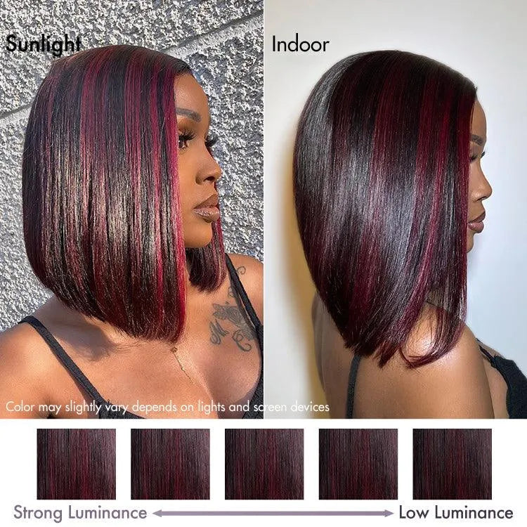 Dark Red Highlights Silky Blunt Cut C Part Glueless Minimalist HD Lace Bob Wig Beginner Friendly - US Only