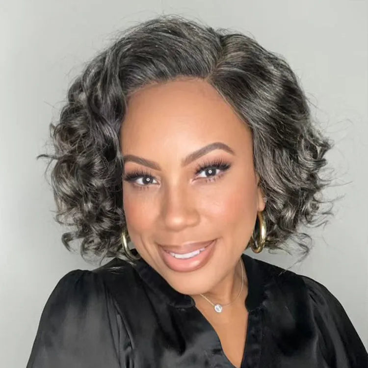 Elegant Salt & Pepper Grey Wig Loose Body Wave Glueless Minimalist Lace Short Wig Pre-Cut Lace Main image