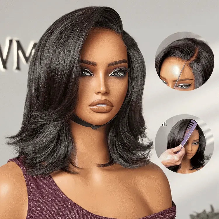 Natural Look Yaki Texture Layered Bangs Bob Wig Glueless Minimalist HD Lace Human Hair Wig Pre-Cut Lace Main image