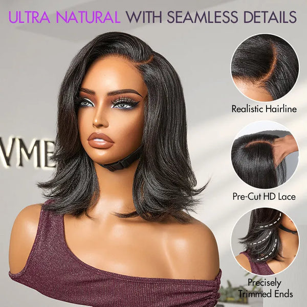 Natural Look Yaki Texture Layered Bangs Bob Wig Glueless Minimalist HD Lace Human Hair Wig Pre-Cut Lace