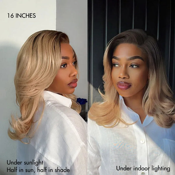 Ombre Blonde Blow Out Layered Cut Wavy Glueless HD Minimalist Lace Wig