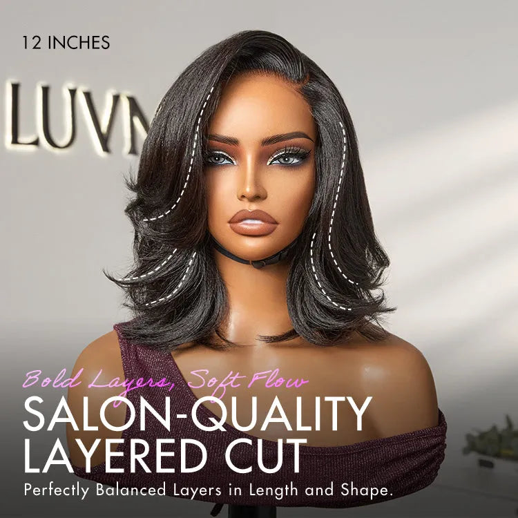 Natural Look Yaki Texture Layered Bangs Bob Wig Glueless Minimalist HD Lace Human Hair Wig Pre-Cut Lace Secondary image