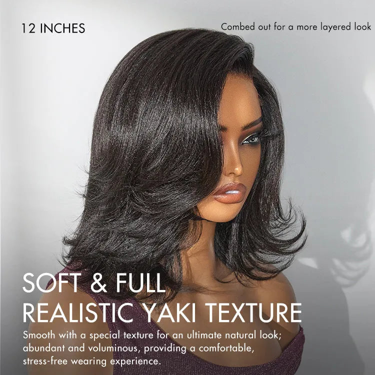 Natural Look Yaki Texture Layered Bangs Bob Wig Glueless Minimalist HD Lace Human Hair Wig Pre-Cut Lace