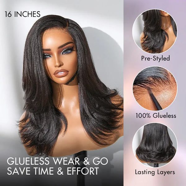 Natural Look Yaki Texture Layered Bangs Bob Wig Glueless Minimalist HD Lace Human Hair Wig Pre-Cut Lace