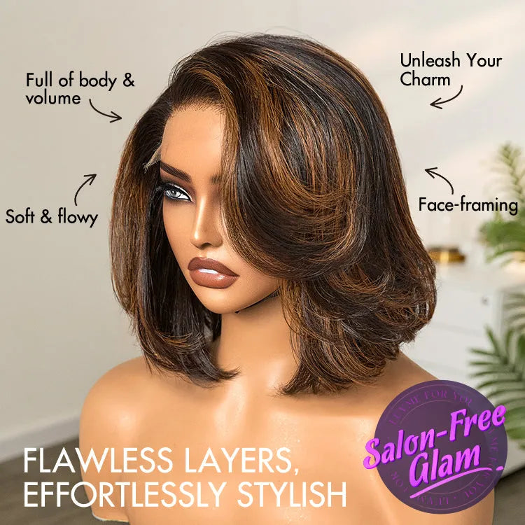 Trendy Brown Highlight Layered Bob Blowout Glueless 5x5 Lace Closure Wig 100% Human Hair Pre-Cut Lace Secondary image