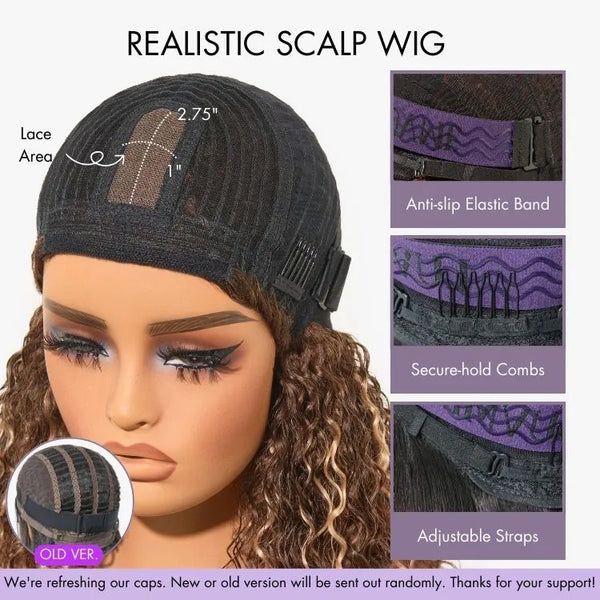 1 SEC INSTALL WIG | Brown Highlight / Natural Black Water Wave Natural Scalp Glueless Minimalist Lace Short Curly Wig with Bangs