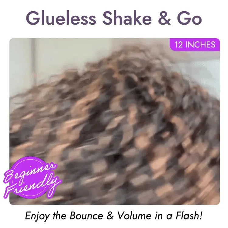 1 SEC INSTALL WIG | Brown Highlight / Natural Black Water Wave Natural Scalp Glueless Minimalist Lace Short Curly Wig with Bangs Secondary image