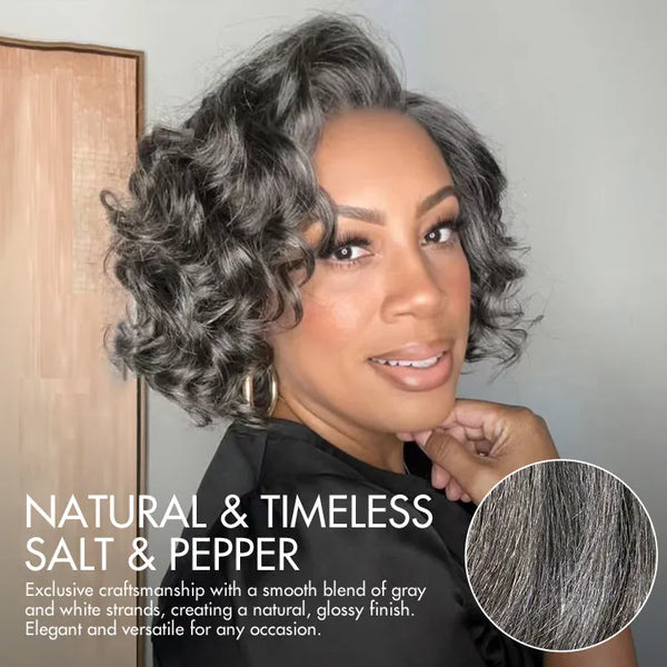 Elegant Salt & Pepper Grey Wig Loose Body Wave Glueless Minimalist Lace Short Wig Pre-Cut Lace